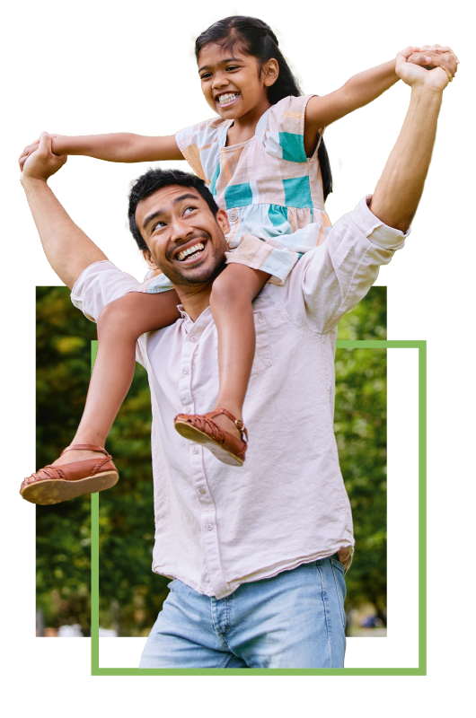 Little girl smiling and sitting on a smiling man's shoulders